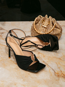 QLFashion Women Summer Button Thick <b>Heel</b> Fabric Upper High Heeled Sandals Black Simple <b>Toe</b> Fashion Party Shoes - Product Image 6