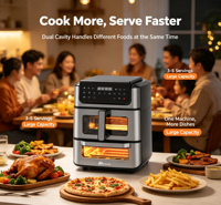 Anbolife Freidora de Aire 2 en 1 con Horno, Freidora de Aire de 6L, Horno de 7.2L, 2800W, Doble Compartimento, 9 Ajustes Preestablecidos, Pantalla Táctil, Sin Aceite, OEM ODM