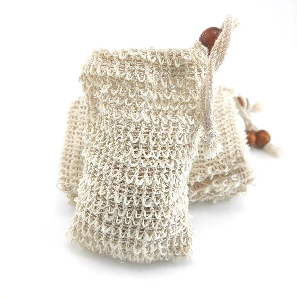 Luffa Loofa Natural, depurador exfoliante, bolsa de Sisal, ramio, Ahorrador de jabón con cordón y soporte de cuentas de madera, 9x14cm