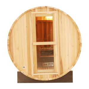 Sauna de barril para exteriores HELIUS, personalizada, de alta calidad, de madera de cedro canadiense y hemlock, para parques y jardines, con estufa Harvia - Product Image 1