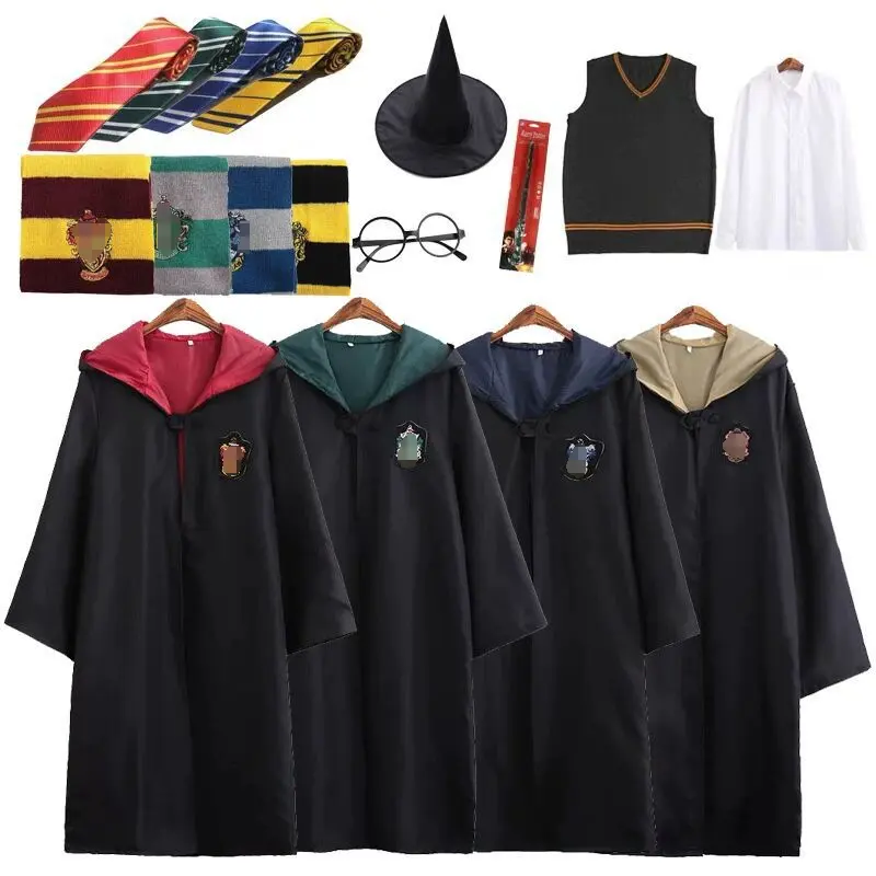 Venta al por mayor Wizard World School Uniform Harry Cosplay disfraz varita mágica niños y adultos Bata para Halloween Potte fiesta disfraces