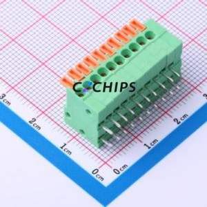 DB141R-2.54-10P-GN Spring Terminal Block Bent Lead Through Hole,P=2.54mm Connector 1x10P 2.54mm Green 10P - Product Image 1