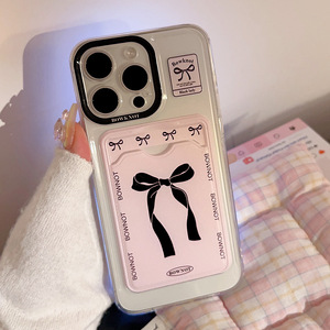 Nouvelle <span class=keywords><strong>coque</strong></span> de téléphone transparente avec support de carte intégré et nœud noir français élégant sur fond rose pour <span class=keywords><strong>iPhone</strong></span> 17 16 15 Pro Max - Product Image 3