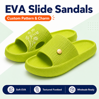 Claquettes en EVA vert lime à imprimé botanique, pantoufles d'intérieur avec breloque bouton, sandales à enfiler, Chinelo Verde, semelle texturée, vente en gros OEM