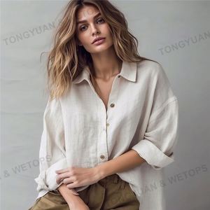 Ropa personalizada Camisas de gran tamaño Ocio Lino Solapa Camisas Botón superior Delgado Suelto Camisa de manga larga de gran tamaño Blusas de las mujeres - Product Image 2