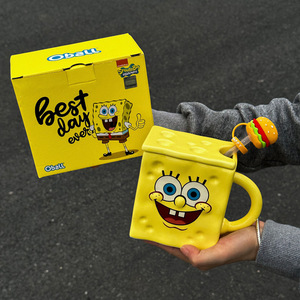 Mug en céramique Spongebob Squarepants Oball créatif et mignon, tasse à café jaune avec couvercle carré et paille burger, 400 ml, cadeau pour la maison et le bureau - Product Image 1