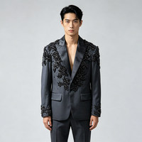 Veste de Costume de Banquet Sur Mesure Style Français Faite à la Main, Simple Boutonnage, Broderie de Perles et de Paillettes, Col Cranté