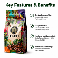 Bolsas de Café con Fondo Cuadrado y Logotipo Personalizado, Material de Grado Alimenticio, Acabado Mate, Cierre Desprendible, Válvula de Aire Unidireccional para Granos