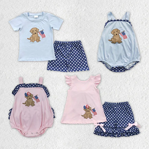 Ropa Infantil al por Mayor para el 4 de Julio, Conjuntos de Pantalones Cortos con Bordado de Cachorro y Bandera Americana, Ropa Casual de Verano para el Día Patriótico - Product Image 1