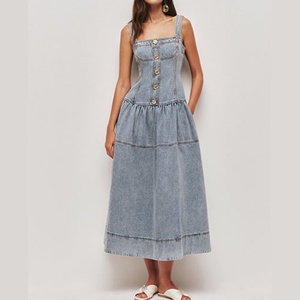 Vestido Midi Vaquero Premium Personalizado para Mujer, Cuello Cuadrado, Botones, Cierre Trasero con Cremallera, Sin Mangas, Ajustado al Cuerpo - Product Image 1