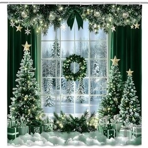 Cortina de Ducha de Poliéster con Diseño Navideño Verde, Cortina de Baño con Impresión Digital, Impermeable, Impresión Personalizada, Venta al por Mayor, Moderna - Product Image 6