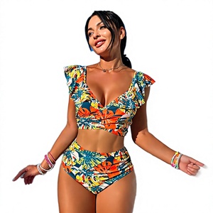 S068 Maillot de bain sexy européen pour femme, imprimé floral, dos nu à volants, ensemble bikini 2 pièces en Spandex/Polyester avec imprimé numérique - Product Image 2