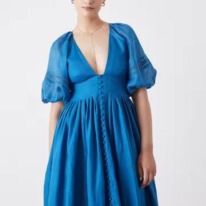 Vestidos Formales de Lino de Alta Calidad a la Moda, Vestidos Casuales de Oficina de Verano de Color Sólido y Sexy para Mujer - Product Image 4