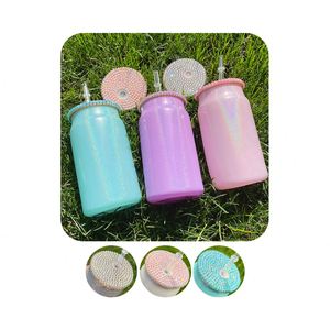 Vaso de Vidrio Holográfico Blanco de 15oz/16oz con Tapa Brillante y Adornos de Diamantes de Imitación, con Pajita de PP para Sublimación, Disponible en Nuestro Almacén de EE. UU. - Product Image 2