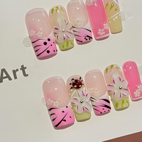 Faux ongles faits à la main à pression, couvrance totale, motif floral pastel pré-dessiné
