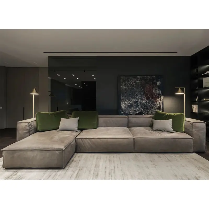 Угловой диван из ткани для гостиной, серый угловой секционный диван в форме буквы I для гостиной с оттоманкой