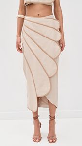 High Waist ELEGANT <b>Maxi</b> <b>Skirt</b> Non-Stretch Super-Stretch Lightweight Linen Weave Scalloped Overlay Split Hem Front - Product Image 3