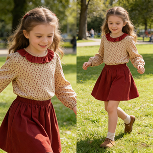 DC Conjuntos Ropa Niñas Mayoreo Toddler Outfit 2 Piezas Flanela Blusa Falda Vino 2-7A Moda Colegio Diario - Product Image 3