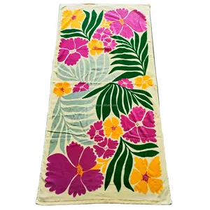 定制100% 棉织物矩形个性化标志活性印花亮色花朵超大毛圈棉沙滩巾