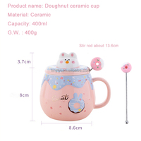 귀여운 3D 도넛 토끼 세라믹 머그컵 400ml - 뚜껑과 스푼이 포함된 창의적인 만화 토끼 커피잔, 이상적인 사무실 선물 세트