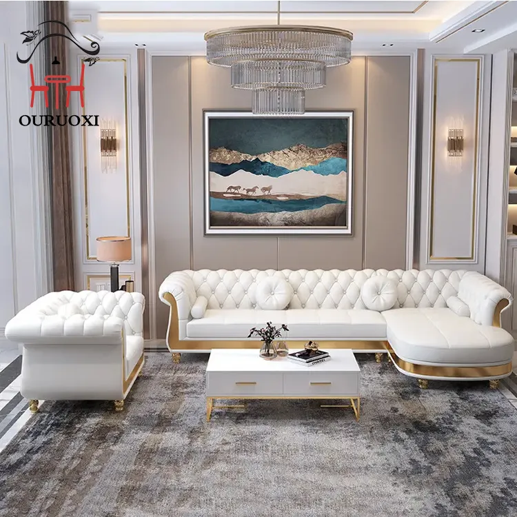 Canapé Chesterfield de luxe pour bureau à domicile meubles de salon d'hôtel ensemble de canapés en cuir véritable moderne