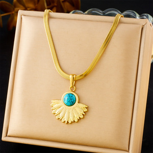 <b>Cross</b>-border fashion gold-plated vintage heart-shaped fan-shaped blue turquoise pearl accessories stainless steel pendant stud - Product Image 6