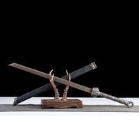 Épée à lame pleine 1065CS noire à fourreau grainé, faite à la main, avec gravure en alliage d'argent antique, conception de pommeau annulaire, collection Dao à lame pleine