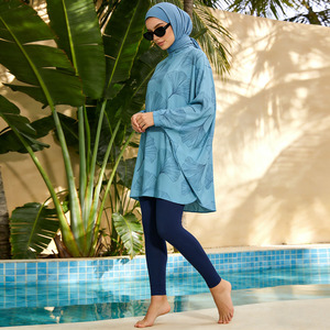 Blue Abstract Leaf Kaftan Burkini Swimwear <b>Set</b> For Women <b>Modest</b> Sleeve Pants Hijab Quick Dry Beachwear - Product Image 5