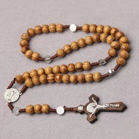 YWLY Collier Rosaire Catholique en Perles de Bois Tressées Fait Main, Pendentif Croix de Jésus Vierge Marie en Bois