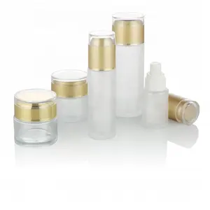 Conjunto de cosméticos base de loção creme fosco fundo grosso 50ml 100ml 150ml frasco de vidro e frasco com tampa de ouro bomba