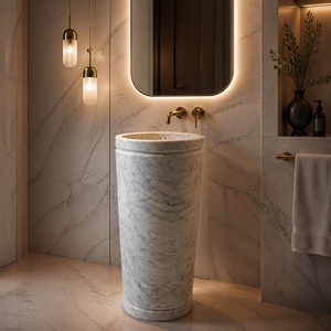 Freestanding Vessel Pedestal Sink White Carrara Marble Polished Contemporary Bathroom Basin Single Hole Knob Faucet - Product Image 1