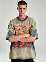T-shirt Homme Vintage Oversize Délavé Dégradé avec Lettres Brodées Effet Vieilli et Col Rond Côtelé Rouge Contrastant, Motif Étoile