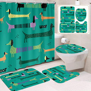 Rideau de douche et tapis de salle de bain en polyester bleu motif Teal Cartoon Dachshund Woof, impression numérique, vente en gros - Product Image 2