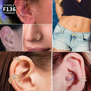Anneaux de nez et boucles d'oreilles en titane F136 16G, bijoux de piercing géométriques en forme de cœur pour usage quotidien avec incrustation de zircon - Product Image 1