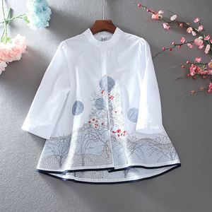 Chemisiers pour femmes en coton, à manches trois-quarts, avec broderie florale de style littéraire et motifs industriels, Nouveauté Printemps <span class=keywords><strong>2022</strong></span>, Vente en gros - Product Image 2