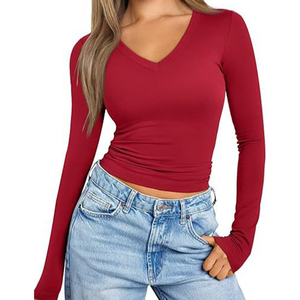 Top de moda de <span class=keywords><strong>manga</strong></span> <span class=keywords><strong>larga</strong></span> para <span class=keywords><strong>mujer</strong></span>, cuello en V, estilo básico, ajustado, recortado, liso, Color caramelo, primavera y verano, <span class=keywords><strong>camiseta</strong></span> para <span class=keywords><strong>mujer</strong></span> - Product Image 2