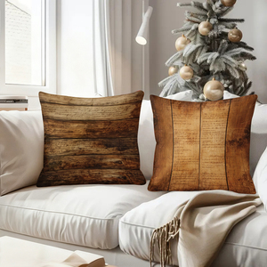 Almohadas decorativas con textura de madera rústica añaden un encanto acogedor a la decoración festiva con detalles de renos y medias navideñas. - Product Image 4