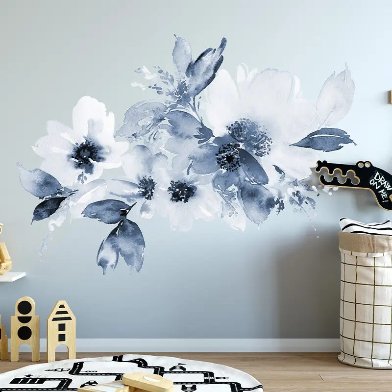Light White and Blue Painting Floral Wall Sticker Nordic Style Flowers Wallpaper For Women Bedroom Living Room Wall Decal