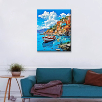 Peinture Paysagère en Gros par Nombres 40*50cm, Motif Mer, Baie, Maison et Bateau, Peinture par Nombres Anime sur Toile, Décoration Murale