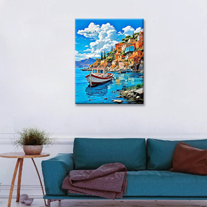 Dipinto Paesaggistico all'Ingrosso con Numeri 40*50cm, Design con Mare, Baia, Casa e <span class=keywords><strong>Barca</strong></span>, Pittura Anime con Numeri su Tela, Decorazione Murale - Product Image 2