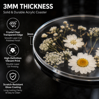 Coaster Akrilik Bulat Langsung dari Pabrik, Desain Floral Botanical Transparan, Tebal 3mm, Cetak UV, Grosir untuk Kafe