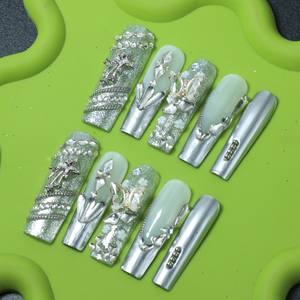 Uñas postizas de lujo acrílicas hechas a mano con diseño de estrellas y mariposas, puntas francesas, cobertura completa, estilo ataúd, cuadradas, al por mayor - Product Image 3