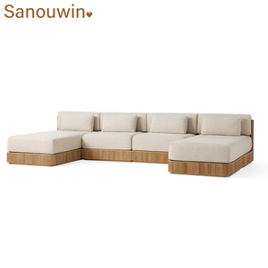 Minimalist Line Design Outdoor Garden Teak L-<strong>Shape</strong> <strong>Sofa</strong> <strong>Set</strong> Sturdy <strong>All</strong>-Weather for Park Courtyard Farmhouse Hall or Villa - Product Image 2
