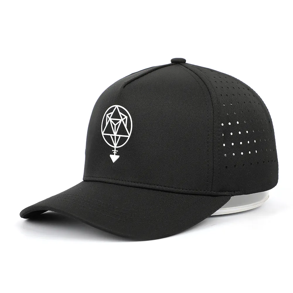 Customized High Quality 5 Panel Black Structured PVC Logo Perforated Laser Hole Drilled Waterproof Sport Baseball Caps Hat