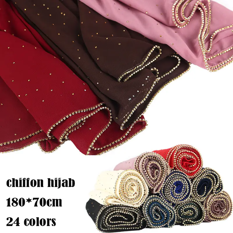 Wholesale Chiffon Hijab With Rhinestone Crystal Chain Stone Scarf Hijab For Women Head Scarf For Muslim Women