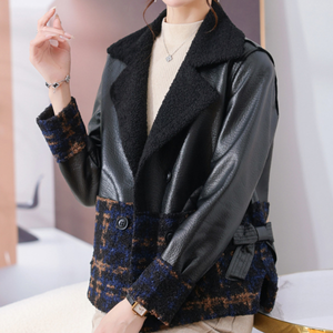 Nouvelle Veste en Cuir PU pour Femme, Style Élégant à Carreaux, Col Revers Tissé Brut, Épaisse et Chaude, Écologique, Hiver - Product Image 5