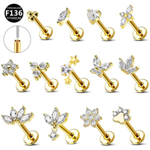 Pendiente <span class=keywords><strong>de</strong></span> Titanio Grado Implante ASTM-F136 Gaby, Tipo Push Stud sin Rosca, para Piercing <span class=keywords><strong>de</strong></span> Cartílago, 20/18/16G, para Mujer - Product Image 1