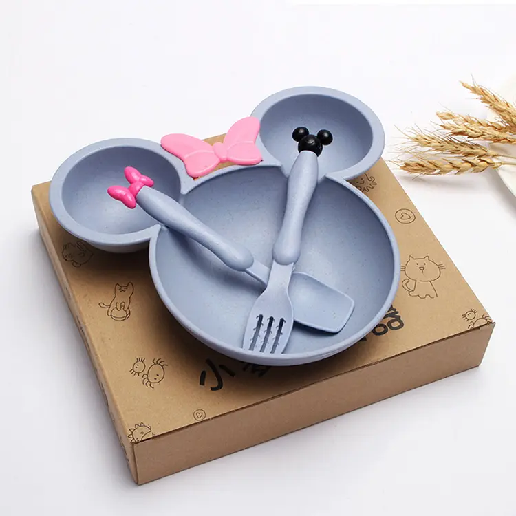 Amazon Hot Sale 2021 BPA-Free Kids Cartoon Dinner Plate Kit Children Wheat Straw Fork Spoon Tray Set