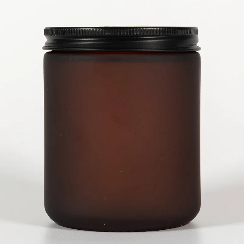 8oz 9oz Frost Amber Glass Candle Jar Heat Resistant with Embossing Matte Black Aluminum Lids