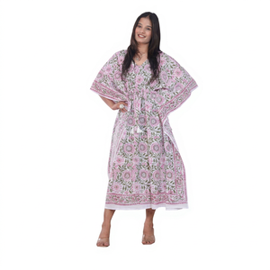 Floral Print Cotton <b>Kaftan</b> Dress Women's Loose Fit V-Neck Batwing Sleeve Midi Length Boho <b>Summer</b> Casual Wear Breathable - Product Image 1